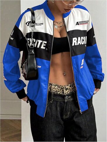 SOLY HUX Women's Bomber Jacket Long Sleeve Zip Up Racing Jackets Color Block Y2k Outerwear Vintage Streetwear in Saudi Arabia