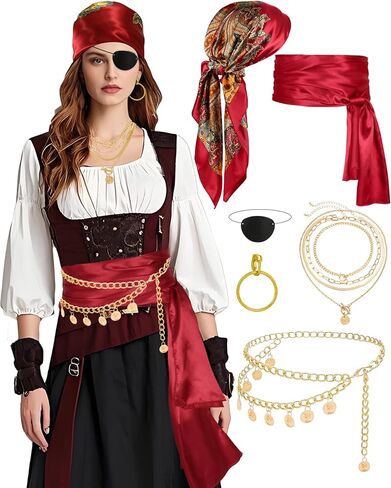 Pirate Accessories for Women Captain Pirate Costume Women with Head Scarf Sash Chain Belt Necklace Eye Patch Party Outfit in Saudi Arabia