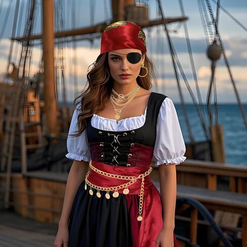 Pirate Accessories for Women Captain Pirate Costume Women with Head Scarf Sash Chain Belt Necklace Eye Patch Party Outfit in Saudi Arabia