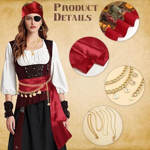 Pirate Accessories for Women Captain Pirate Costume Women with Head Scarf Sash Chain Belt Necklace Eye Patch Party Outfit in Saudi Arabia