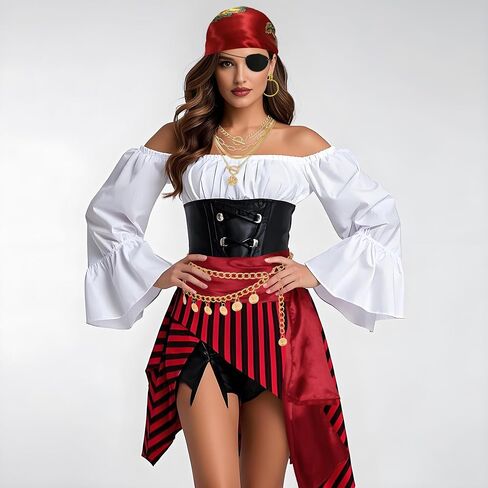 Pirate Accessories for Women Captain Pirate Costume Women with Head Scarf Sash Chain Belt Necklace Eye Patch Party Outfit in Saudi Arabia