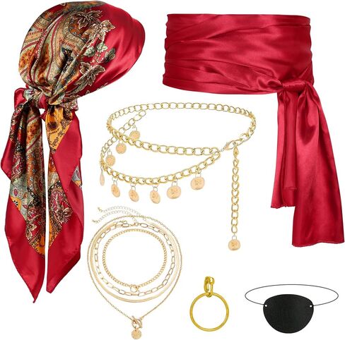 Pirate Accessories for Women Captain Pirate Costume Women with Head Scarf Sash Chain Belt Necklace Eye Patch Party Outfit in Saudi Arabia