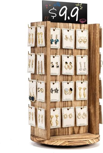 Pinzoveco Rotating Earring Display Stands for Selling with Adversitsing Board, Real Wood Jewelry Display Stand for Vendors, Large Capacity Earring Cards for Selling Rack Holder (Carbonized Brown) in Saudi Arabia