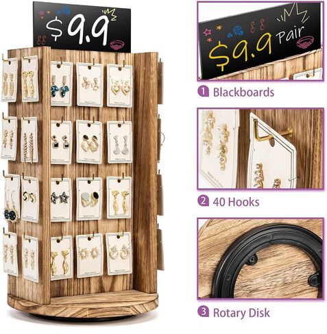 Pinzoveco Rotating Earring Display Stands for Selling with Adversitsing Board, Real Wood Jewelry Display Stand for Vendors, Large Capacity Earring Cards for Selling Rack Holder (Carbonized Brown) in Saudi Arabia