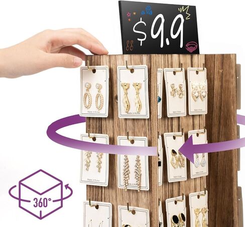 Pinzoveco Rotating Earring Display Stands for Selling with Adversitsing Board, Real Wood Jewelry Display Stand for Vendors, Large Capacity Earring Cards for Selling Rack Holder (Carbonized Brown) in Saudi Arabia