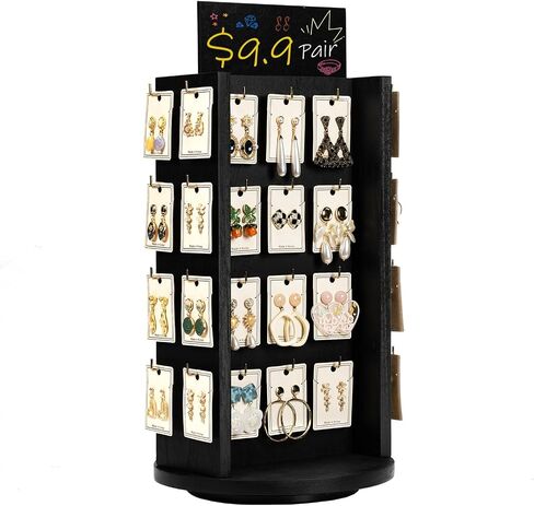 Pinzoveco Rotating Earring Display Stands for Selling with Adversitsing Board, Real Wood Jewelry Display Stand for Vendors, Large Capacity Earring Cards for Selling Rack Holder (Carbonized Brown) in Saudi Arabia