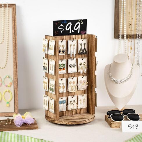 Pinzoveco Rotating Earring Display Stands for Selling with Adversitsing Board, Real Wood Jewelry Display Stand for Vendors, Large Capacity Earring Cards for Selling Rack Holder (Carbonized Brown) in Saudi Arabia