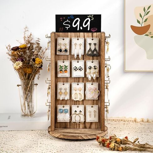 Pinzoveco Rotating Earring Display Stands for Selling with Adversitsing Board, Real Wood Jewelry Display Stand for Vendors, Large Capacity Earring Cards for Selling Rack Holder (Carbonized Brown) in Saudi Arabia