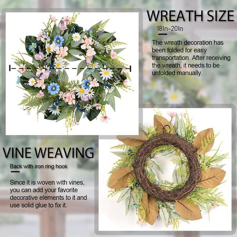 20 inch Spring Wreaths for Front Door & Window - White Berries & Flowers for Wedding, Home Porch, Farmhouse, Patio, Garden Decor - All Seasons in Saudi Arabia