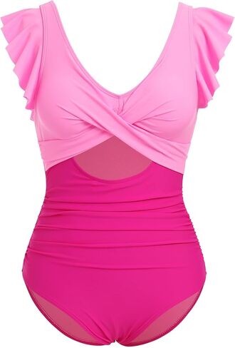 IKADEX Women Cutout One Piece Swimsuit Ruffle Cross V-Neck Backless Tummy Control Vintage Swimwear in Saudi Arabia