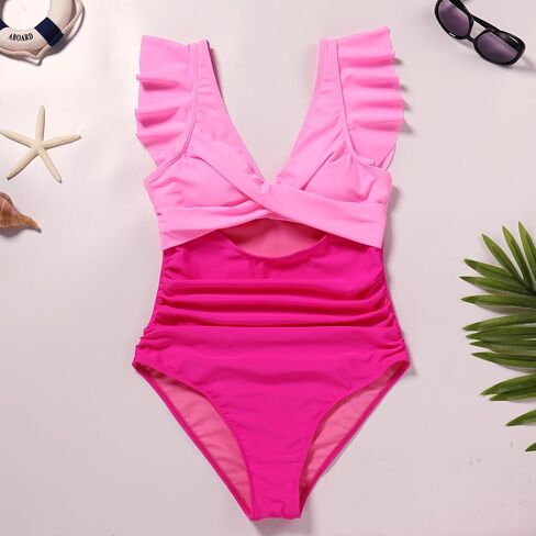 IKADEX Women Cutout One Piece Swimsuit Ruffle Cross V-Neck Backless Tummy Control Vintage Swimwear in Saudi Arabia