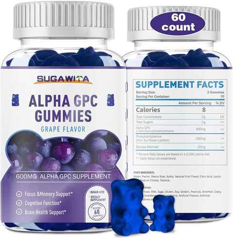 Alpha GPC Choline Gummies 600mg with Phosphatidylserine & Bacopa – 3-in-1 Brain Support for Memory, Focus & Long-Term Cognitive Health – Sugar-Free, Natural Formula, 60 Count in Kuwait