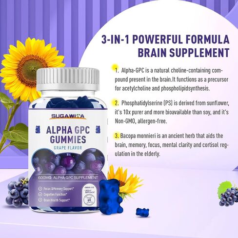 Alpha GPC Choline Gummies 600mg with Phosphatidylserine & Bacopa – 3-in-1 Brain Support for Memory, Focus & Long-Term Cognitive Health – Sugar-Free, Natural Formula, 60 Count in Kuwait