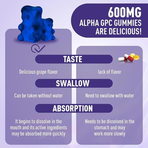 Alpha GPC Choline Gummies 600mg with Phosphatidylserine & Bacopa – 3-in-1 Brain Support for Memory, Focus & Long-Term Cognitive Health – Sugar-Free, Natural Formula, 60 Count in Kuwait
