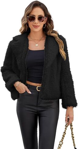 Faux Fur Coats Fluffy Jacket for Women Winter Warm Long Sleeve Lapel Shaggy Open Front Outwear With Pockets in Saudi Arabia