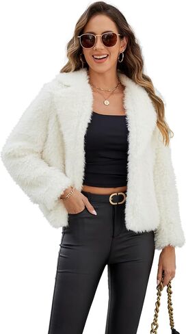 Faux Fur Coats Fluffy Jacket for Women Winter Warm Long Sleeve Lapel Shaggy Open Front Outwear With Pockets in Saudi Arabia