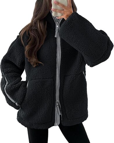Tankaneo Womens Oversized Sherpa Fleece Jacket Zip Up Teddy Coat Winter Warm Stand Collar Fuzzy Outerwear in Saudi Arabia
