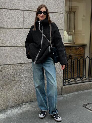 Tankaneo Womens Oversized Sherpa Fleece Jacket Zip Up Teddy Coat Winter Warm Stand Collar Fuzzy Outerwear in Saudi Arabia