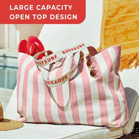 Large Canvas Tote Bag for Women, Striped Beach Tote for Travel, Pool, Cruise, Boat - Reusable Grocery Bag, Work, Weekender in Saudi Arabia