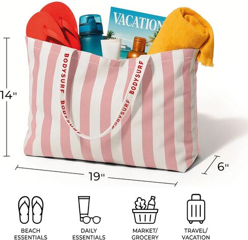 Large Canvas Tote Bag for Women, Striped Beach Tote for Travel, Pool, Cruise, Boat - Reusable Grocery Bag, Work, Weekender in Saudi Arabia