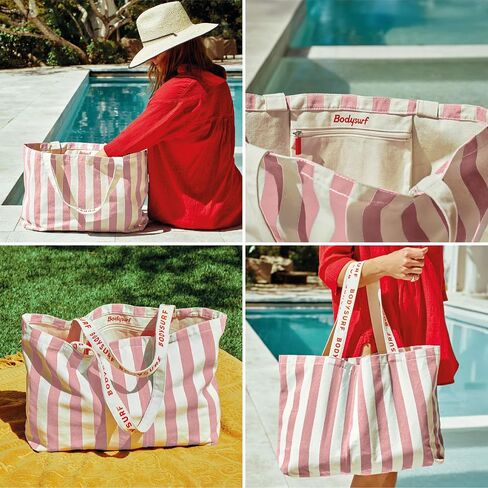 Large Canvas Tote Bag for Women, Striped Beach Tote for Travel, Pool, Cruise, Boat - Reusable Grocery Bag, Work, Weekender in Saudi Arabia