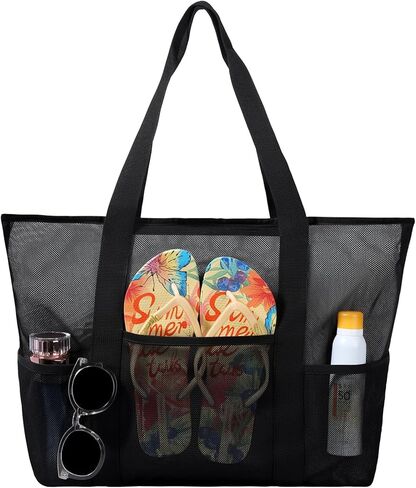 Mesh Beach Bag, Large Bag with Zipper Beach Bags for Women Waterproof Sandproof with 5 Pockets Green in Kuwait