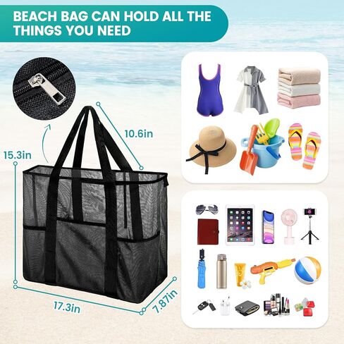 Mesh Beach Bag, Large Bag with Zipper Beach Bags for Women Waterproof Sandproof with 5 Pockets Green in Kuwait