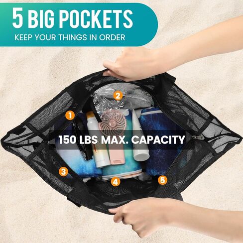 Mesh Beach Bag, Large Bag with Zipper Beach Bags for Women Waterproof Sandproof with 5 Pockets Green in Kuwait