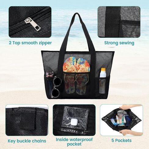 Mesh Beach Bag, Large Bag with Zipper Beach Bags for Women Waterproof Sandproof with 5 Pockets Green in Kuwait