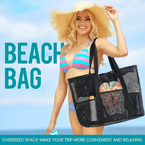 Mesh Beach Bag, Large Bag with Zipper Beach Bags for Women Waterproof Sandproof with 5 Pockets Green in Kuwait