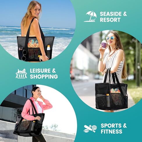 Mesh Beach Bag, Large Bag with Zipper Beach Bags for Women Waterproof Sandproof with 5 Pockets Green in Kuwait