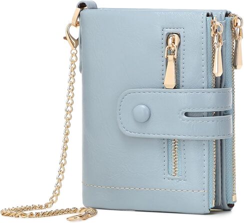AOXONEL Wallets for Women Small Rfid Bifold Leather Ladies Wallet,Travel Billfolds Medium Size Card Holder with Removable Wristlet Chain,Multi-Card Slots,ID Window,Double Zipper Coin Pocket (Blue) in Saudi Arabia