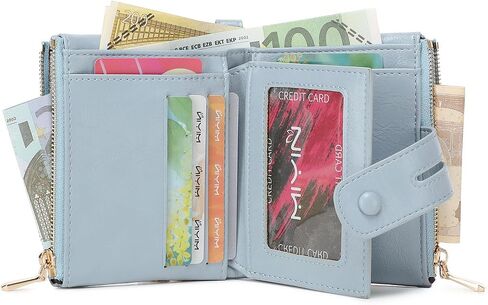 AOXONEL Wallets for Women Small Rfid Bifold Leather Ladies Wallet,Travel Billfolds Medium Size Card Holder with Removable Wristlet Chain,Multi-Card Slots,ID Window,Double Zipper Coin Pocket (Blue) in Saudi Arabia