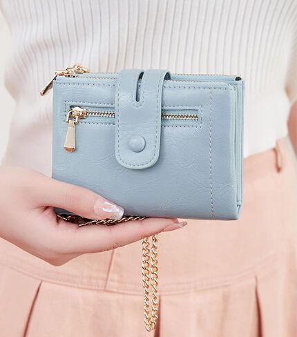 AOXONEL Wallets for Women Small Rfid Bifold Leather Ladies Wallet,Travel Billfolds Medium Size Card Holder with Removable Wristlet Chain,Multi-Card Slots,ID Window,Double Zipper Coin Pocket (Blue) in Saudi Arabia
