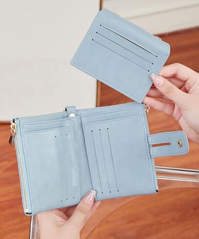 AOXONEL Wallets for Women Small Rfid Bifold Leather Ladies Wallet,Travel Billfolds Medium Size Card Holder with Removable Wristlet Chain,Multi-Card Slots,ID Window,Double Zipper Coin Pocket (Blue) in Saudi Arabia