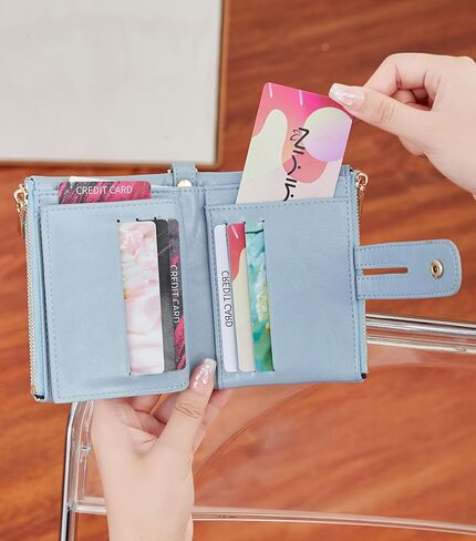 AOXONEL Wallets for Women Small Rfid Bifold Leather Ladies Wallet,Travel Billfolds Medium Size Card Holder with Removable Wristlet Chain,Multi-Card Slots,ID Window,Double Zipper Coin Pocket (Blue) in Saudi Arabia