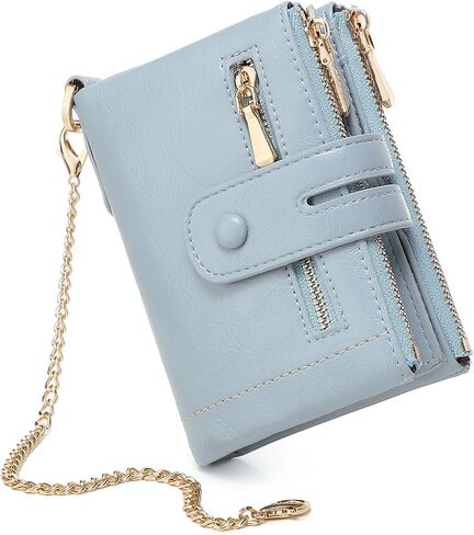 AOXONEL Wallets for Women Small Rfid Bifold Leather Ladies Wallet,Travel Billfolds Medium Size Card Holder with Removable Wristlet Chain,Multi-Card Slots,ID Window,Double Zipper Coin Pocket (Blue) in Saudi Arabia