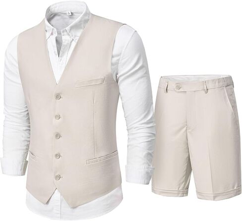 MY'S Men’s 2-Piece Linen Vest Pants, Lightweight Waistcoat Shorts, Casual Beach Summer Wedding Prom Homecoming Outfit in Kuwait