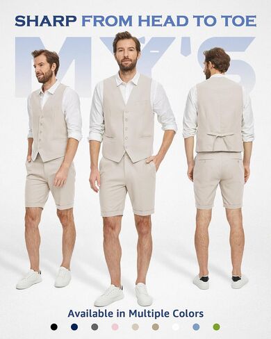 MY'S Men’s 2-Piece Linen Vest Pants, Lightweight Waistcoat Shorts, Casual Beach Summer Wedding Prom Homecoming Outfit in Kuwait