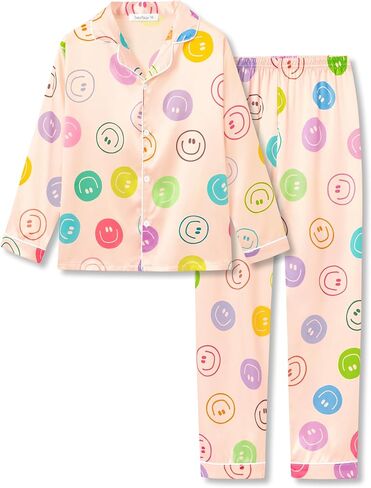 Beezizac Silky Satin Pajama Long Sleeves Set For Little & Big Girls Trendy Button 2-Piece Outfit Kid Sleepwear Size 6-16 in Saudi Arabia
