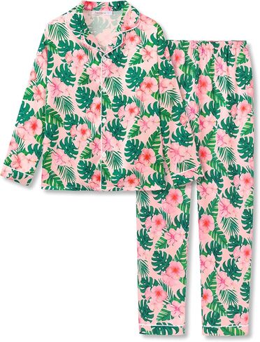 Beezizac Silky Satin Pajama Long Sleeves Set For Little & Big Girls Trendy Button 2-Piece Outfit Kid Sleepwear Size 6-16 in Saudi Arabia