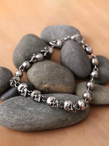 HAQUIL Stainless Steel Skull Bead Linked Strand Bracelet for Men and Women, Gothic Punk Rock Biker Skull Jewelry Gift in Kuwait