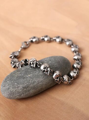 HAQUIL Stainless Steel Skull Bead Linked Strand Bracelet for Men and Women, Gothic Punk Rock Biker Skull Jewelry Gift in Kuwait