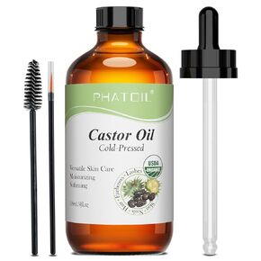 Castor Oil Organic Cold Pressed Unrefined Glass Bottle, 118 ml (4 fl.oz) USDA Certified Organic Castor Oil for Hair Growth, Eyelashes and Eyebrows, Hexane Free Carrier Oil, Hair and Body Oil