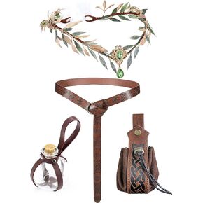 MOSTORY Medieval Renaissance Accessory Set - 4 Pcs Fairy Renaissance Belt Pouch Cork Potion Bottle Elf Crown for Viking Cosplay Mardi Gras Carnival Photo Shoot Brown