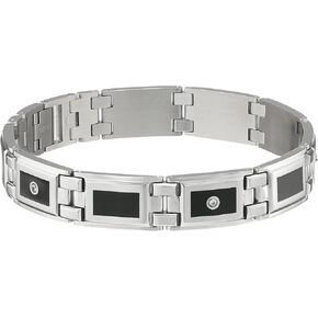 Metro Jewelry Stainless Steel Link Bracelet for Men with 1/8 Carat White Diamond and Black Resin Accents - 9 Inches Long 12 mm Wide Fold Over Clasp