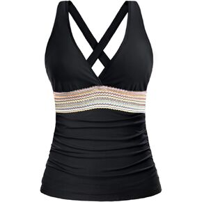 Tankini Tops for Women- Tummy Control Swim Top Only Color Block V Neck Bathing Suit Top No Bottom 2025