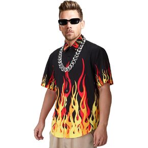 Mens Chief Guy Flame Short Sleeve Shirt with Necklace Glasses Button Down Top Summer Beach Halloween Costume