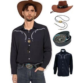 4PCS Cowboy Costume Outfit for Men Western Shirt Cloth Vintage Long Sleeve with Hat Belt Accessories