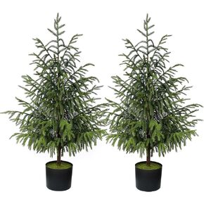 FOTEEWL 3FT Real Touch Norfolk Pine Topiary Trees for Front Porch Decor - Artificial Shrubs Faux Plants Fake Potted for Outdoor Indoor Door Offices Farmhouse Home Decor (Set of 2)